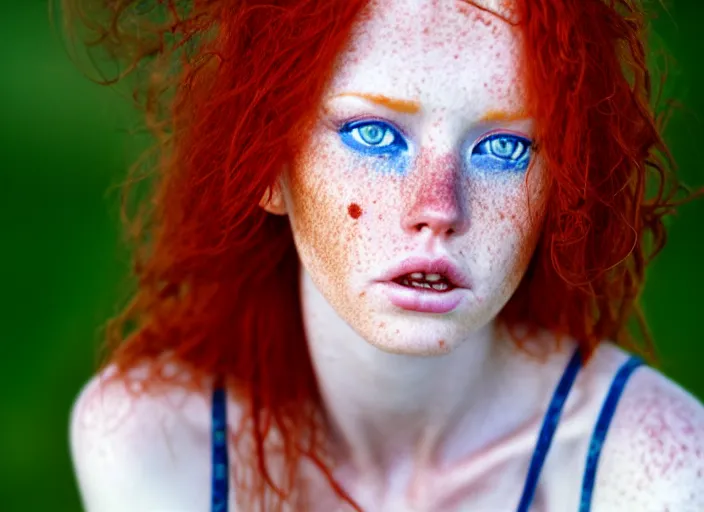 Prompt: award winning 8 5 mm close up face portrait photo of a redhead with deep red hair, freckles and blue eyes in a park by luis royo.