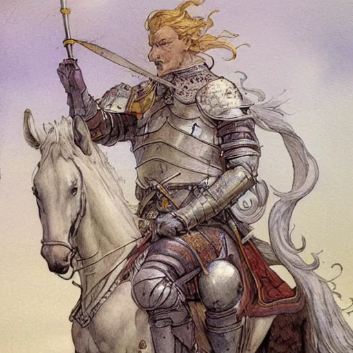 Image similar to a realistic and atmospheric watercolour fantasy concept art of a knight on a white horse, muted colors. by rebecca guay, michael kaluta, charles vess and jean moebius giraud,
