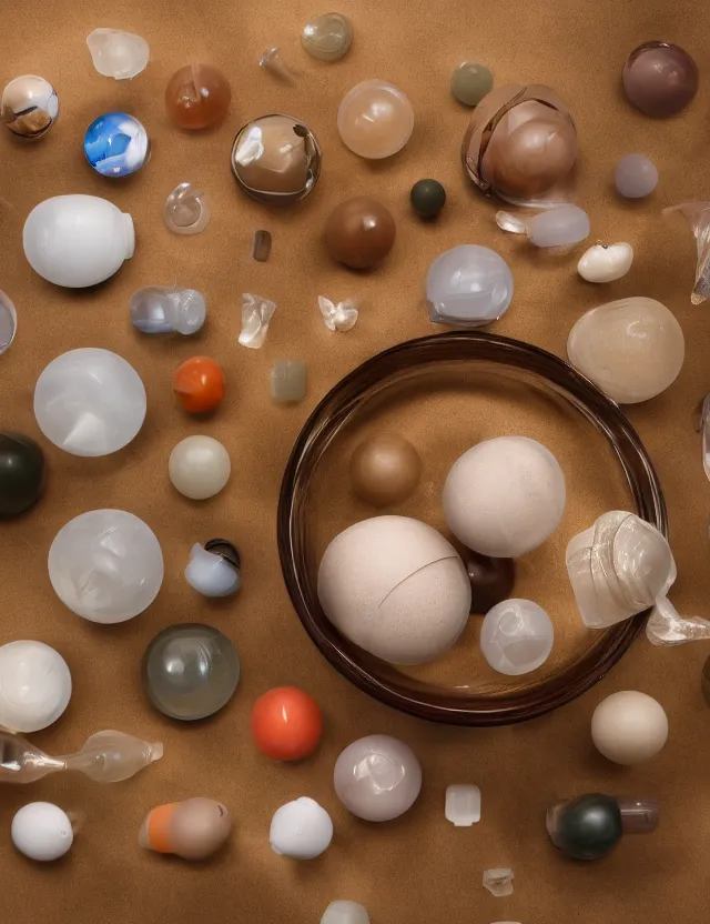 Image similar to a well - lit studio photograph of various earth - toned plastic toys floating in a kidney - shaped bowl of water, some wrinkled, some long, various sizes, textures, and transparencies, beautiful, smooth, detailed, inticate