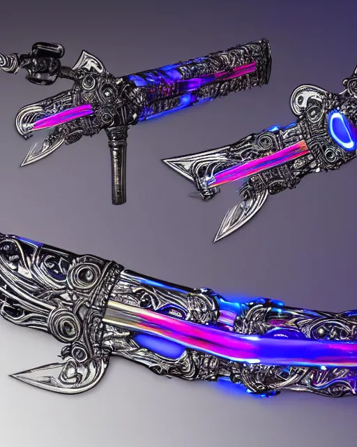 Image similar to legendary glowing sword of cybernetic technology on a table, digital award winning artwork, intimate, intricate, long sharp black and iridescent blade, ornate spikes, colorful hilt, vivid detailed realistic, raytraced blade, colored gems, golden pommel, by yoshitaka amano and deviantart