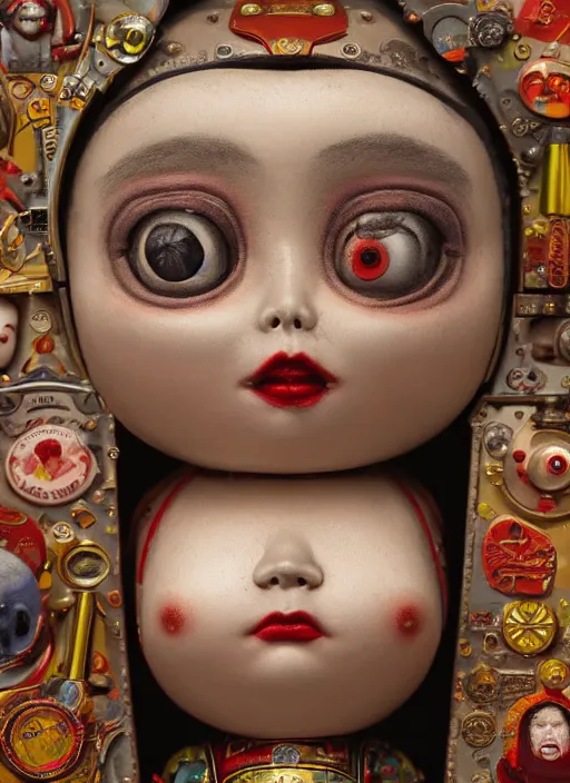 Image similar to closeup portrait of tin toy london whitechapel, depth of field, zeiss lens, detailed, symmetrical, centered, fashion photoshoot, by nicoletta ceccoli, mark ryden, lostfish, earl nore, hyung tae, frank frazetta, breathtaking, 8 k resolution, extremely detailed, beautiful, establishing shot, artistic, hyperrealistic, octane render