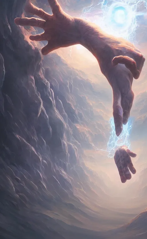 Image similar to the hand of God coming out of a portal hopping and time warping with reckless abandon, dramatic scene, masterpiece digital painting by Greg Rutkowski, Alex Grey, artstation, 4k wallpaper