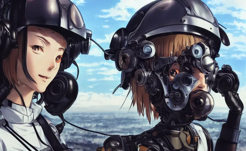 Image similar to pilot girl, cyborg aircraft parts, anime style, vintage pilot clothing, shoulder eyes, last exile anime, hair down, symmetrical facial features, from arknights, hyper realistic, 4 k, rule of thirds, extreme detail, detailed drawing, trending artstation, realistic lighting, by alphonse mucha, greg rutkowski, parachute backpack