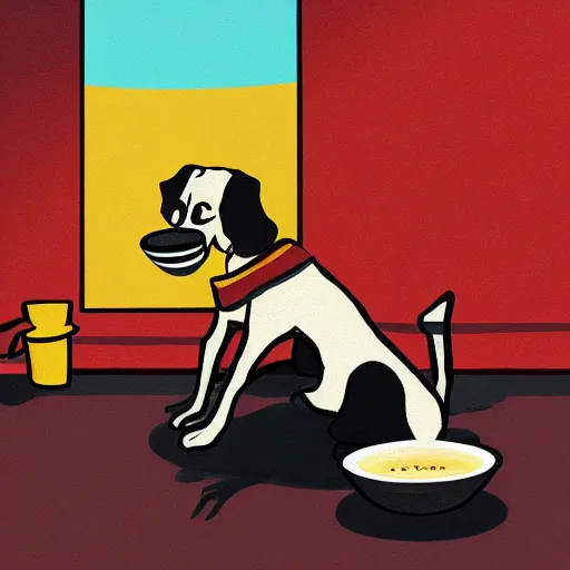 Prompt: a dog with arms drinking a cup of coffee in a burning room, colorful