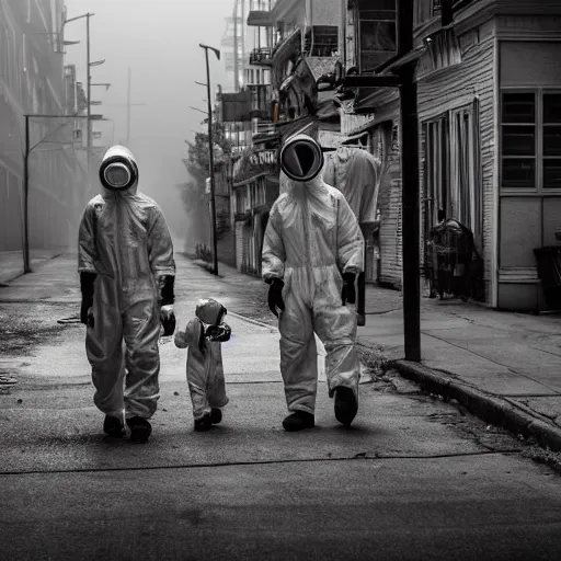 Image similar to a family wearing a hazmat suits on a post-war era street, walking away from the camera, dark smoke in the background, filthy streets, broken cars. Vines growing. Jpeg artifacts. Award-winning photo. Full-color photo. Samyang/Rokinon Xeen 50mm T1.5