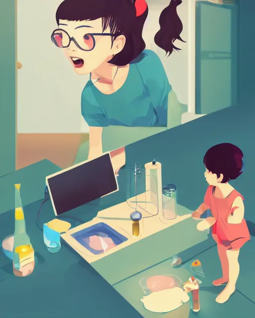 Image similar to a little girl is doing a science experiment. clean cel shaded vector art. minimalist illustration art by lois van baarle, artgerm, helen huang by makoto shinkai and ilya kuvshinov, rossdraws