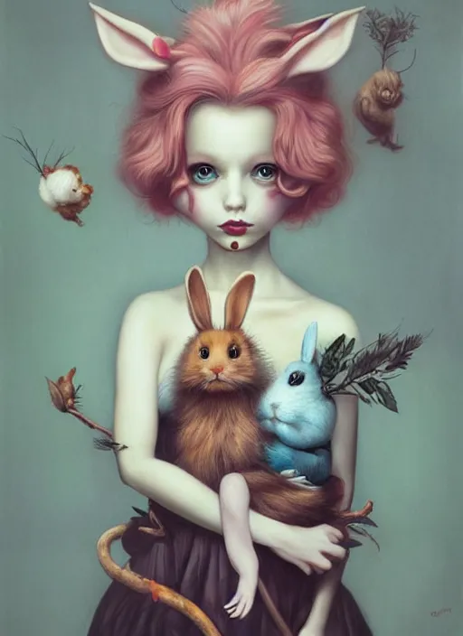 Image similar to pop surrealism, lowbrow art, realistic cute alice girl painting, holding a bunny, hyper realism, muted colours, rococo, natalie shau, loreta lux, tom bagshaw, mark ryden, trevor brown style,