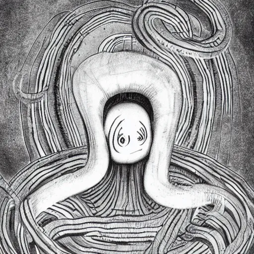 Prompt: Giygas from Earthbound, Stephen Gammell style, monochrome, evil