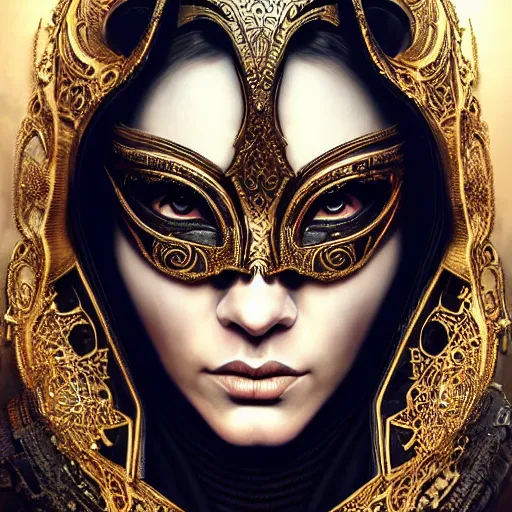 Image similar to Very very very very highly detailed epic photo of full face with beautiful ornamental venetian mask, intricate, dystopian, sci-fi, extremely detailed, digital painting, artstation, concept art, smooth, sharp focus, illustration, intimidating lighting, incredible art by Artgerm and Vincent di Fate and Anton Pieck