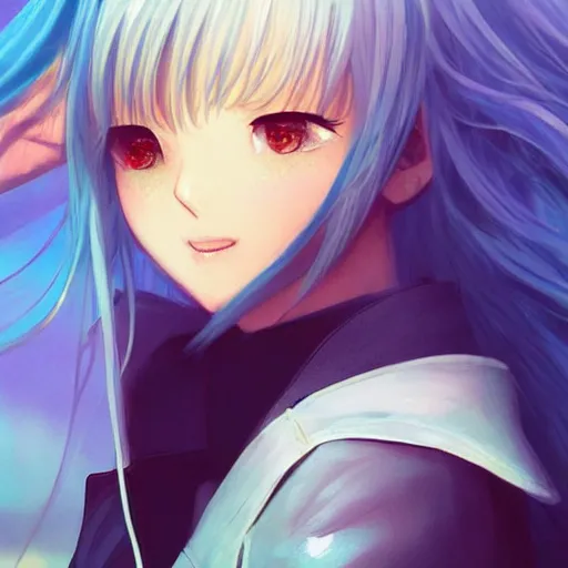 Prompt: profile shot of rimuru tempest, sky blue, straight hair, long bangs, amber eyes, wearing a black jacket!! with white stripes, high collar, highly detailed, unreal engine 5, digital painting, cinematic, wlop | artgerm, pixiv, yoshitaka amano, greg rutkowski, ilya kuvshinov, andy warhol