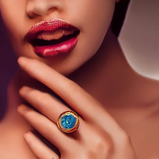 Image similar to ad for a complex golden ring with cameo and gems of a female mouth with a cyberpunk style, 8k, details, studio lighting, realism