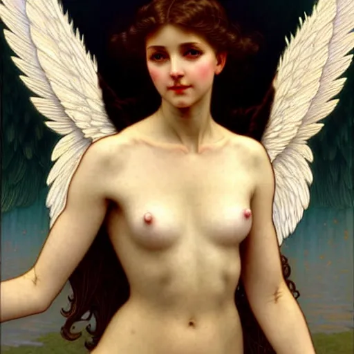 Image similar to Winged girl angel, face, fantasy, intricate, elegant, highly detailed, digital painting, artstation, concept art, smooth, sharp focus, illustration, art by John Collier and Krenz Cushart and Artem Demura and Alphonse Mucha and Jean-Leon Gerome and William Bouguereau and Albert Aublet