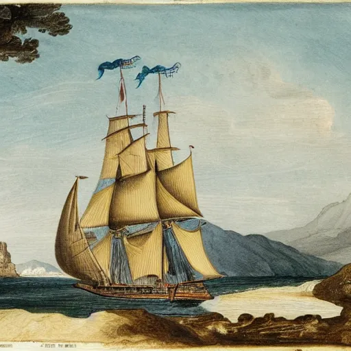 Image similar to Capitain Cook arriving in the bay of islands on the HMS Endeavour amongst dense New Zealand coastal forest, 1769 New Zealand, in the style of a Charles Emilius Gold watercolor