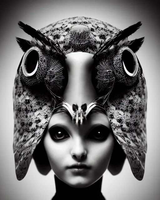 Image similar to surreal mythical dreamy dark artistic black and white fine art 3 / 4 fashion portrait photo of a young beautiful delicate female robot - owl with orchid - doll face, rim light, cinematic, studio dramatic light, poetic, masterpiece, octane render, 8 k, photo - realistic by gustave dore hg giger