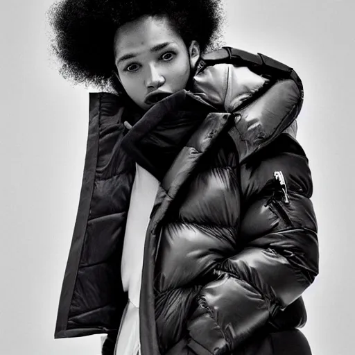 Image similar to realistic! photoshoot for a new balenciaga lookbook, color film photography, portrait of a beautiful woman wearing a puffer jacket, photo in style of tyler mitchell, fisheye lens