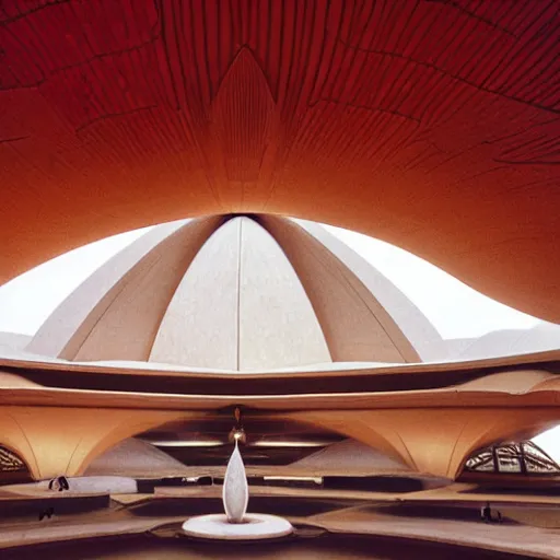 Image similar to interior of a futuristic lotus temple with gold, red and white marble panels, shafts of sunlight in the centre, in the desert, by buckminster fuller and syd mead, intricate contemporary architecture with art nouveau motifs, photo journalism, photography, cinematic, national geographic photoshoot