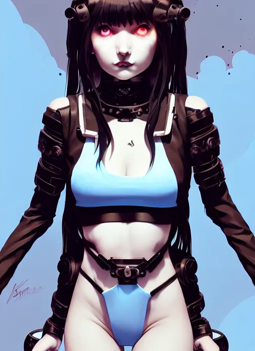 Image similar to portrait of cute goth maiden girl in cyber bikini armor, face by ilya kuvshinov, warhammer, cyberpunk, by atey ghailan, by greg rutkowski, by greg tocchini, by james gilleard, by joe fenton, by kaethe butcher, dynamic lighting, gradient light blue, brown, blonde cream and white color in scheme, grunge aesthetic