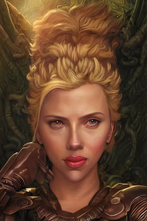 Image similar to A fantasy comic book style portrait painting of Scarlett Johansson as an Atlantean Reptilian Warrior, Mystical Valkyrie, unreal 5, DAZ, hyperrealistic, octane render, Regal, Refined, Detailed Digital Art, RPG portrait, William-Adolphe Bouguereau, Michael Cheval, Walt Disney (1937), François Boucher, Oil Painting, Steampunk, dynamic lighting, Highly Detailed, Cinematic Lighting, Unreal Engine, 8k, HD