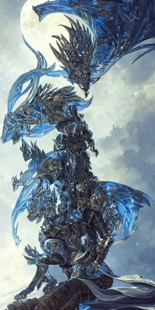 Image similar to Fantasy knight wearing an intricate azure wolf themed full plated armor, moonlit, HD, illustration, epic, D&D, fantasy, intricate, elegant, highly detailed, digital painting, artstation, concept art, smooth, sharp focus, illustration, art by artgerm and greg rutkowski and alphonse mucha, monster hunter illustrations art book