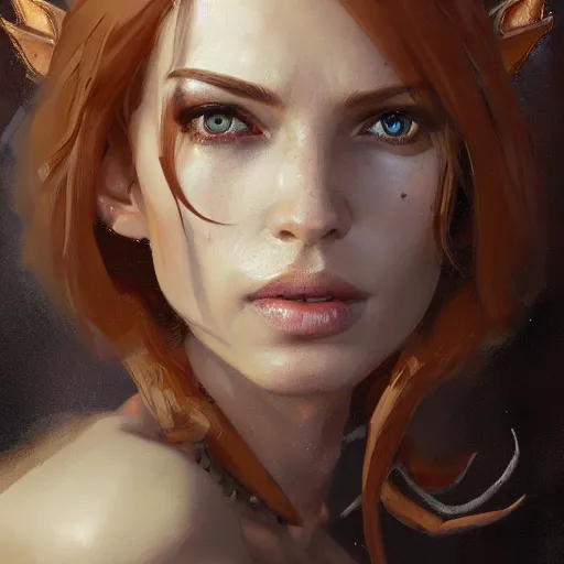 Image similar to A head-on detailed oil portrait of a pretty elf woman with small cuflhcopper horns, long blonde hair and bright irises, by greg rutkowski, trending on artstation, dungeon and dragons art