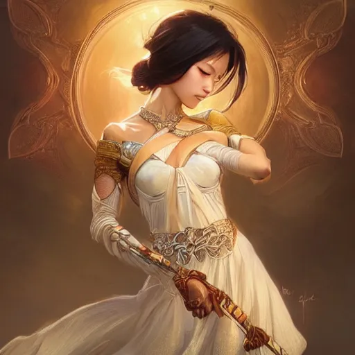 Image similar to full body portrait of asian beautiful girl, d & d, fantasy, intricate, elegant, highly detailed, digital painting, artstation, concept art, smooth, sharp focus, illustration, cinematic dramatic atmosphere, volumetric lighting, smooth, highly detailed, art by artgerm and greg rutkowski and alphonse mucha