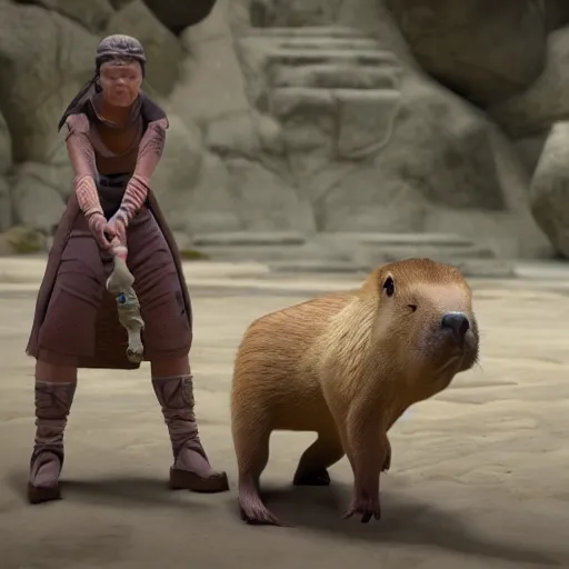 Image similar to female jedi riding a giant capybara into battle unreal 5, hyperrealistic, realistic, photorealistic, dynamic lighting