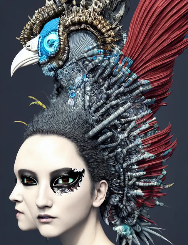 Image similar to 3 d goddess close - up profile portrait punk with mohawk with ram skull. beautiful intricately detailed japanese crow kitsune mask and clasical japanese kimono. betta fish, jellyfish phoenix, bio luminescent, plasma, ice, water, wind, creature, artwork by tooth wu and wlop and beeple and greg rutkowski