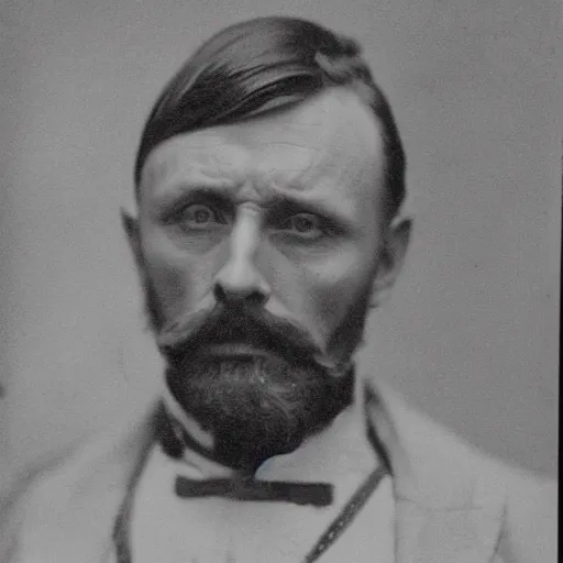 Image similar to headshot edwardian photograph of anthony hopkins, mads mikkelsen, arthur shelby, terrifying, scariest looking man alive, 1 8 9 0 s, london gang member, intimidating, fearsome, realistic face, peaky blinders, 1 9 0 0 s photography, 1 9 1 0 s, grainy, blurry, very faded!