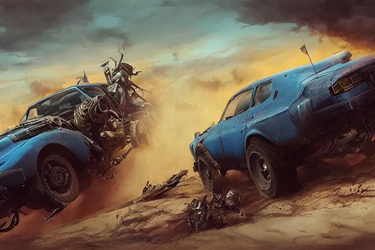Image similar to a Dacia 1310, in Mad Max style, coriolios rpg art style, full of details, dark sci-fi, cold blue colors, matte painting, artstation, 8k, hyperrealistic, style of peter mohrbacher