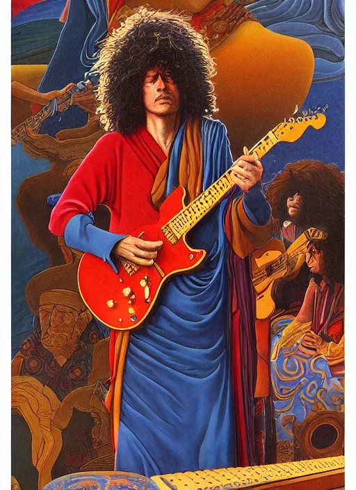 Prompt: an awesome jean giraud graphic art of pat metheny in the style of a renaissance masters portrait, mystical and new age symbolism and tibetan book of the dead imagery, intricately detailed, 4 k