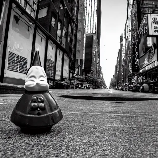 Image similar to black and white street photograph on a street in new york city on a busy day with a shattered ceramic garden gnome. 8k resolution.