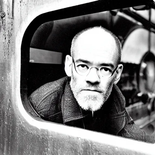 Prompt: photograph of michael stipe in the cab of a steam locomotive by anton corbijn