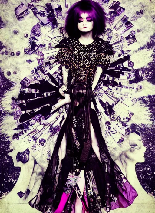 Image similar to cute punk goth fashion fractal young Bjork posing by Zhang Jingna, poster art by Hannah Höch Victor Moscoso Dan Mumford Kilian Eng Hannah Jeffrey Smith Rick Griffin Alphonse Mucha Gustav Klimt Ayami Kojima Amano Charlie Bowater, violet and black