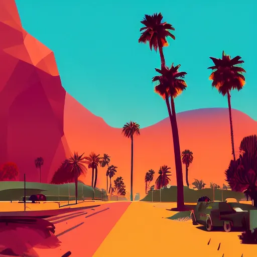 Prompt: a beautiful illustration of palm springs by James gilleard, color olive, color tangerine, artstation HD, geometric lines, HD, 4k, 8k