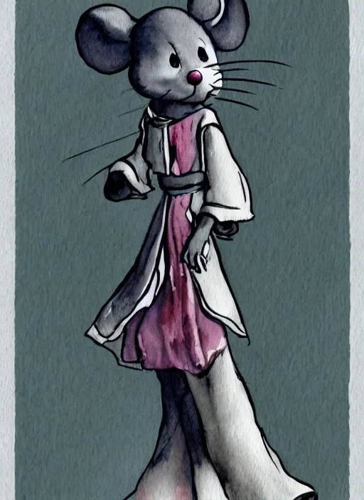 Image similar to a watercolor ink painting of the selfless female anthropomorphic mouse midwife. her wardrobe is complicated in the style of anti - art trending on artstation deviantart pinterest furaffinity hyper detailed photorealistic highlights and shadow hd 8 k post - processing high resolution