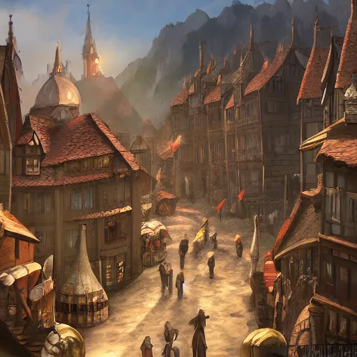Prompt: human fantasy medieval town with people, trending on artstation