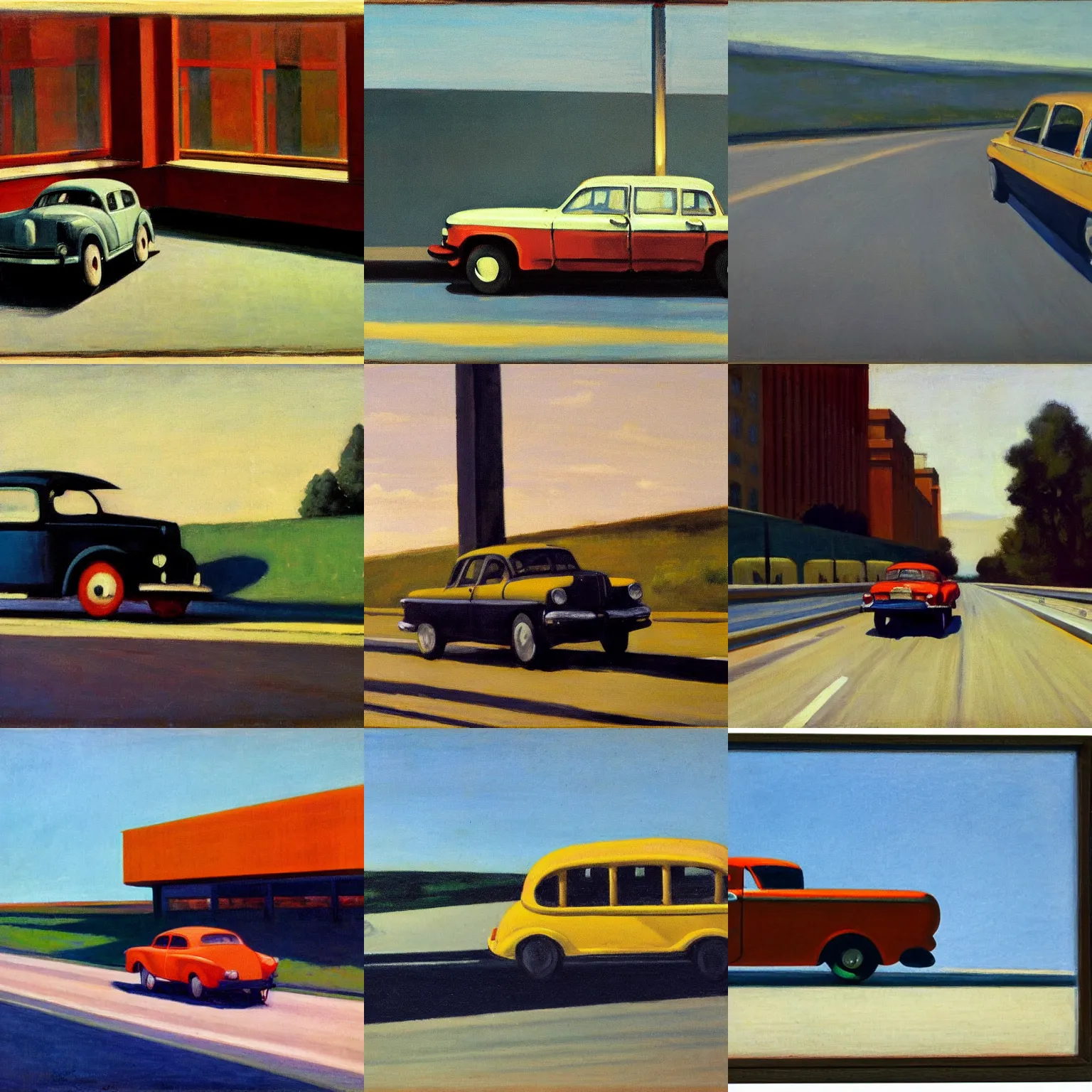 Prompt: car on highway, style of edward hopper