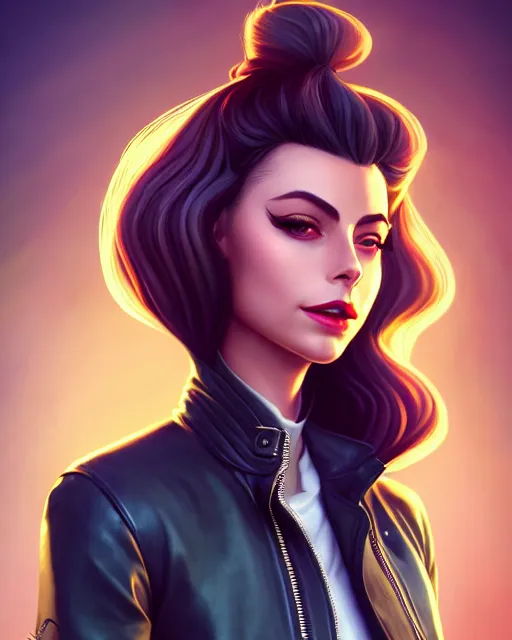 Image similar to a portrait of a beautiful willa holland pompadour long hair leather jacket, art by lois van baarle and loish and ross tran and rossdraws and sam yang and samdoesarts and artgerm, digital art, highly detailed, intricate, sharp focus, trending on artstation hq, deviantart, unreal engine 5, 4 k uhd image