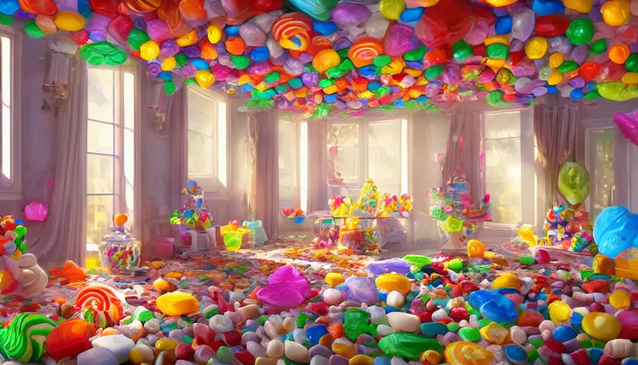 Image similar to house full of candies, sunlight through windows, hyperdetailed, artstation, cgsociety, 8 k