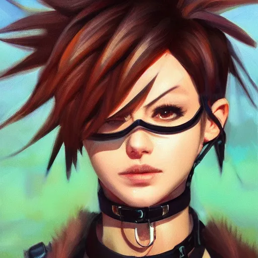 Prompt: oil painting of tracer overwatch in a field wearing spiked collar around neck, in style of artgerm, expressive face, wearing choker, steel collar, steel choker, wearing collar on neck, detailed face, detailed eyes, full body, feminine face, tracer overwatch,