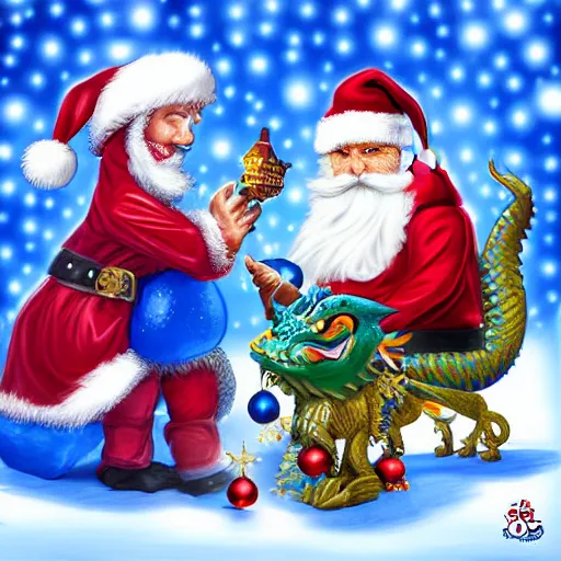 Image similar to blue santa playing checkers against a christmas themed dragon, digital art, highly detailed,