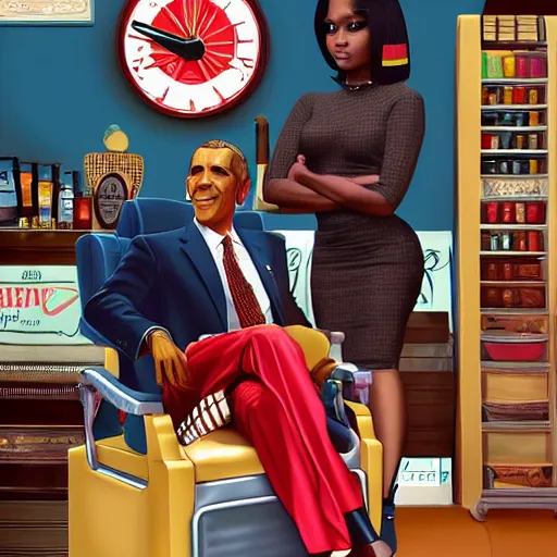 Image similar to nicki minaj sitting next to barack obama in a vintage barbershop in gta v cover art, symmetrical, brownish flat colors, hyper realistic, highly detailed, trending on artstation