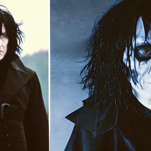 Prompt: Edward Scissor Hands as Snape from Harry Potter as The Crow, Gritty Dark Cinematic Lighting, Screen-Still