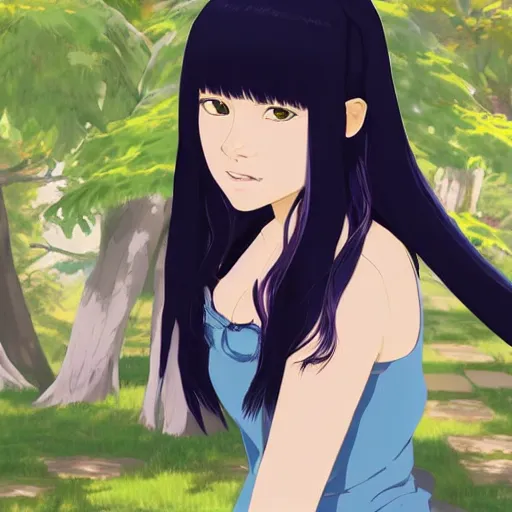 Image similar to Character portrait of a young beautiful woman with long black hair and bangs in a lush park, focus on facial features, large eyes, highly detailed, cel shading, Studio Ghibli still, by Makoto Shinkai and Akihiko Yoshida