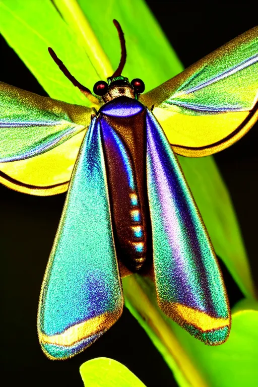 Image similar to high quality macro photo silky iridescent moth! jewelled gorgeous! highly detailed david ligare elson peter cinematic blue neon lighting high quality low angle hd 8k sharp shallow depth of field