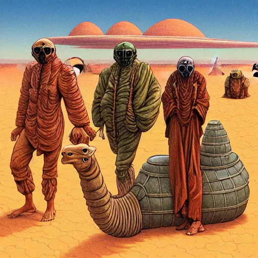 Image similar to several stoner merchants in robes with integrated bong gas mask appliances, trucking bales of herbs across an alien desert with camel-like creatures in tow. Album art by Arik Roper and Jean Giraud