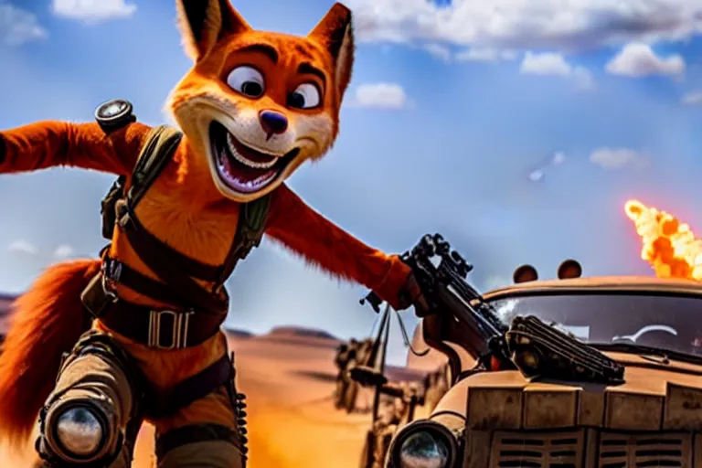 Image similar to nick wilde, heavily armed and armored facing down armageddon in a dark and gritty reboot from the makers of mad max : fury road