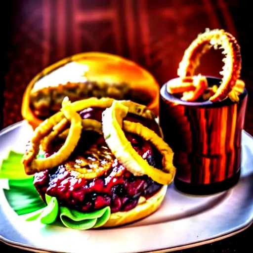 Image similar to The ultimate Banana-Burger with extra jam on a hand-carved cherrywood-plate, with a side of onion rings. Perfect photography.