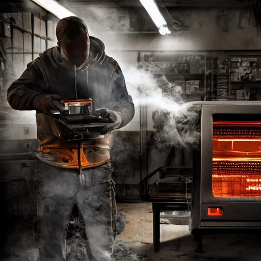 Image similar to cyborg toaster oven repairman, dark messy smoke - filled cluttered workshop, dark, dramatic lighting, orange tint, sparks, plasma rays, cinematic, highly detailed, sci - fi, futuristic, movie still