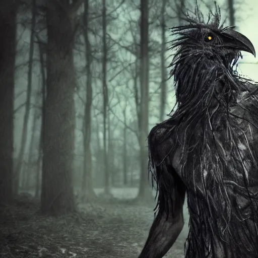 Image similar to werecreature consisting of a crow and a human, featured on artstation, photograph captured in a dark forest